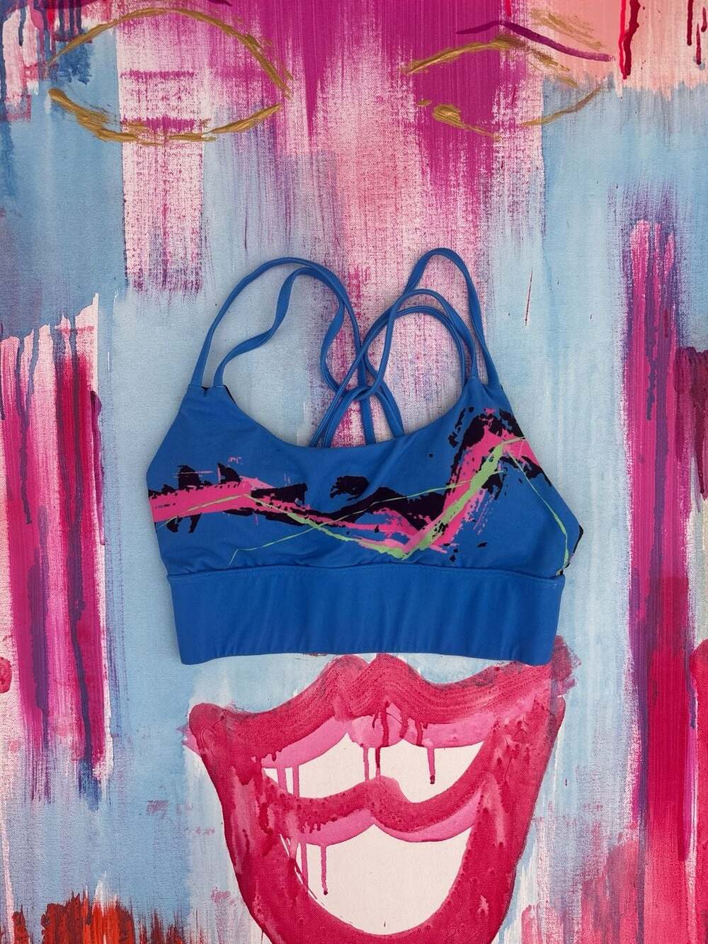 Slunks Blue Abstract Paint Splatter Strappy Back Sports Bra Juniors